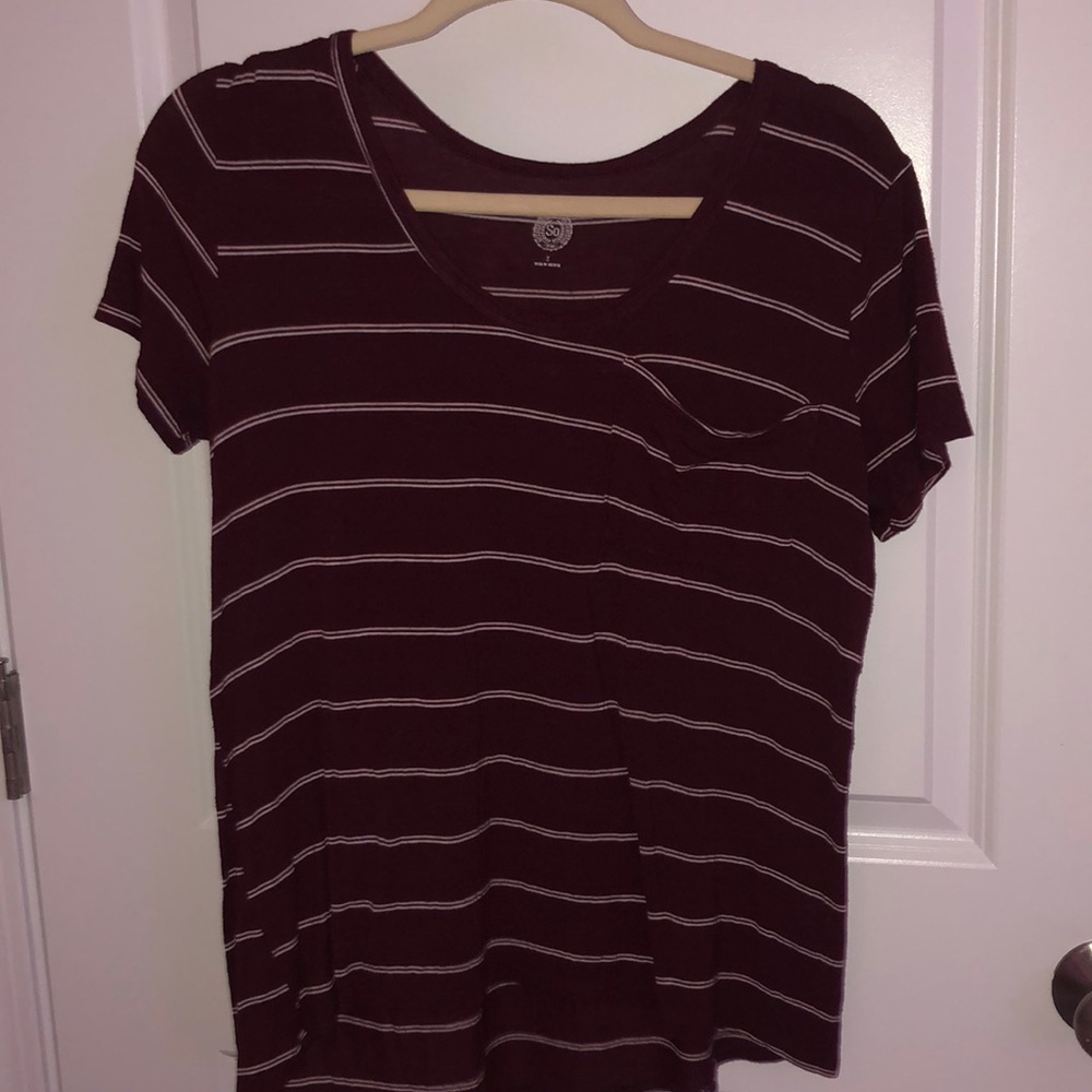 maroon and white striped shirt